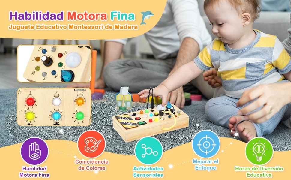 bebe explorando un tablero sensorial colorido