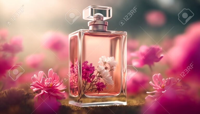 botellas de perfumes y flores rosas