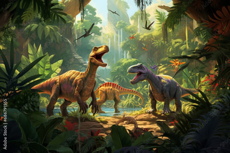 dinosaurs in a lush prehistoric landscape