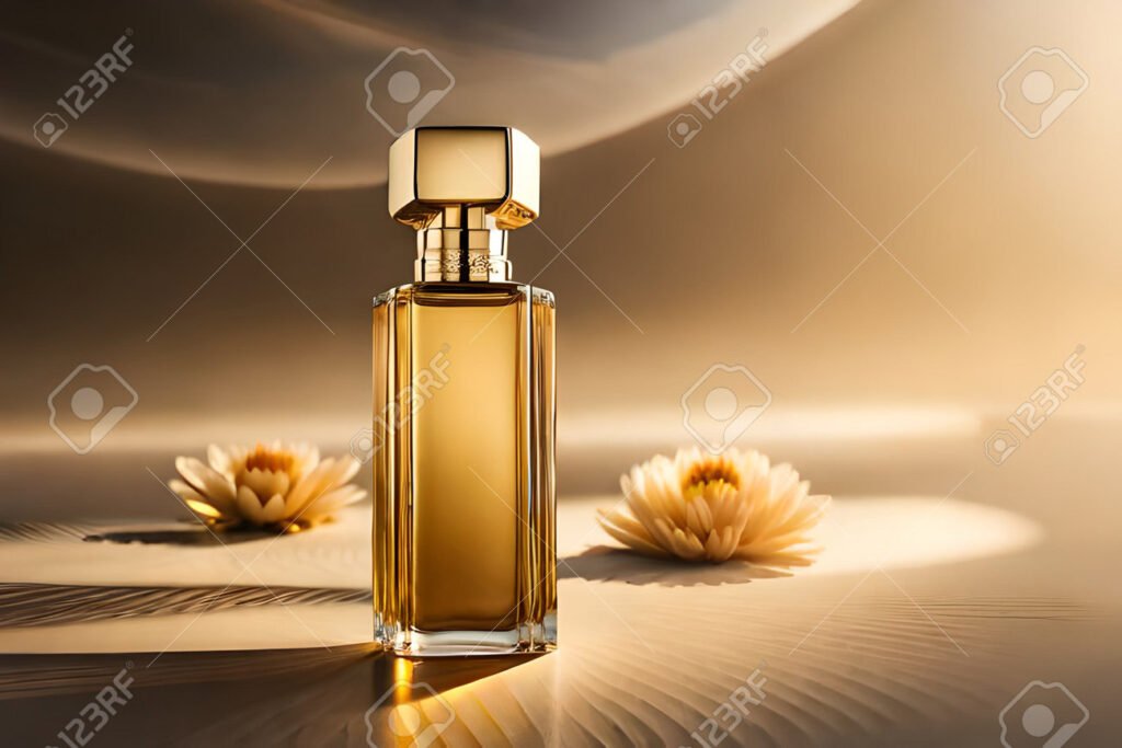 frasco de perfume elegante con fondo desenfocado