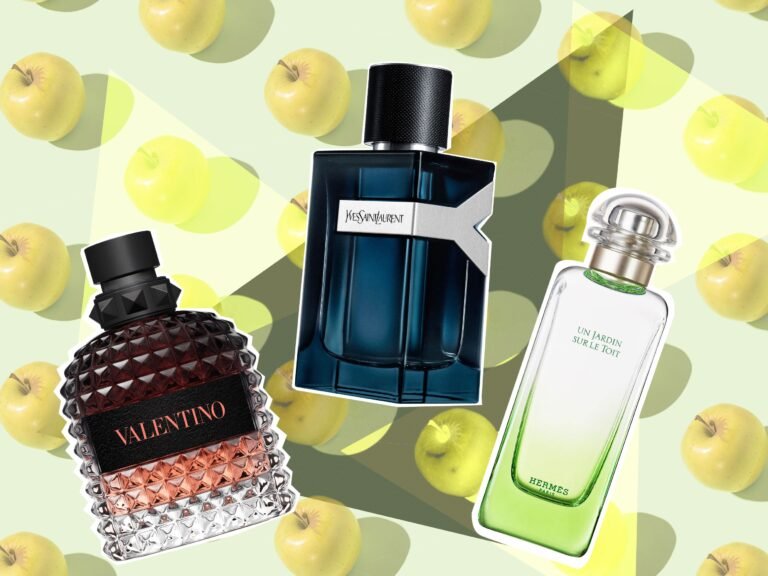 frutas frescas y botellas de perfume