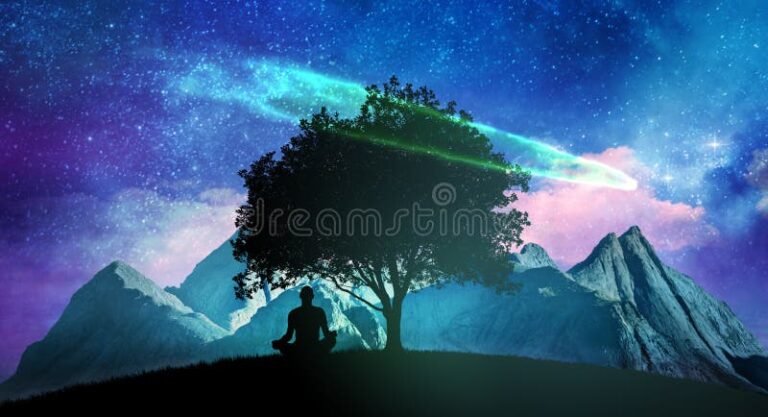 guerrero en meditacion bajo un aura brillante