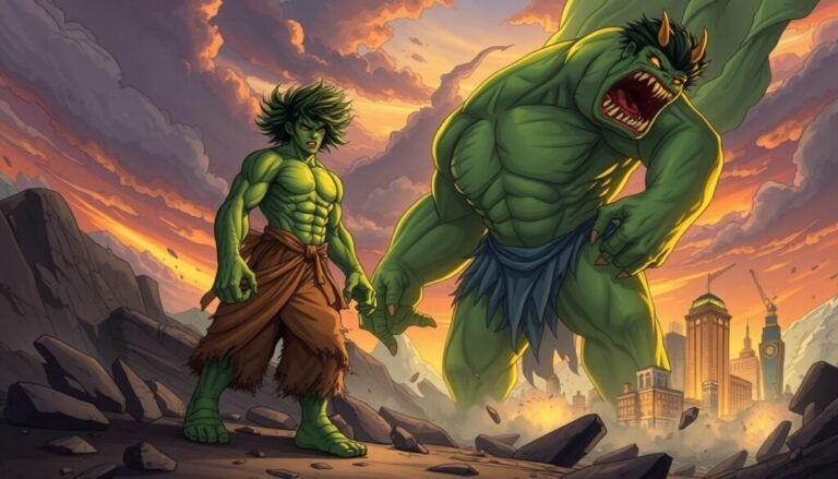 hulk rompiendo cadenas en un paisaje urbano