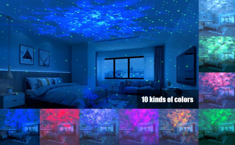 lampara proyector de estrellas en habitacion acogedora