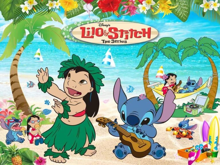 lilo y stitch en un paisaje hawaiano