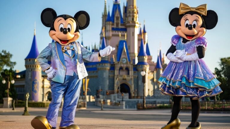 mickey y minnie mouse en un parque tematico