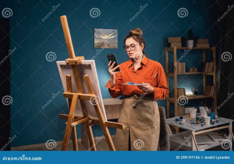 mujer pintando pared con aplicacion movil