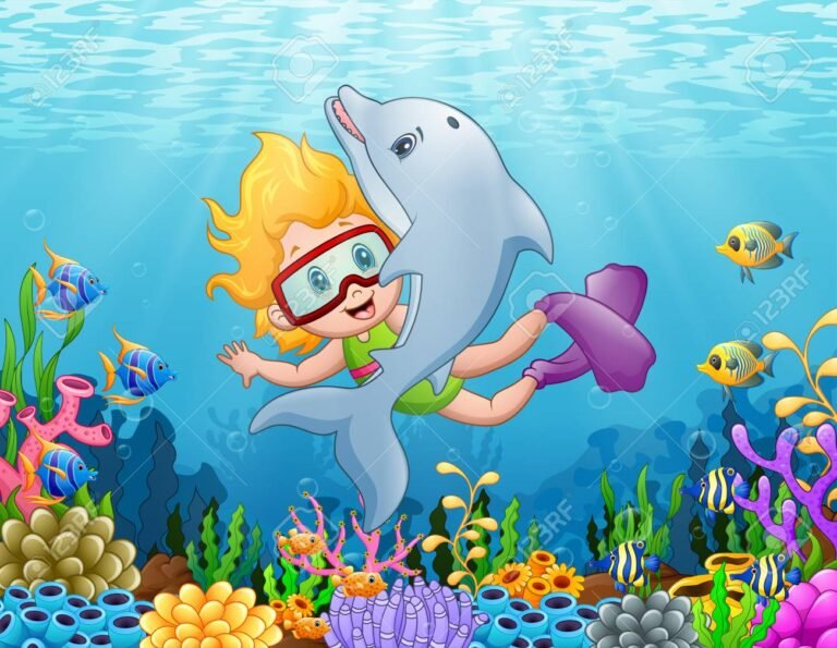 nina jugando con delfines en el mar