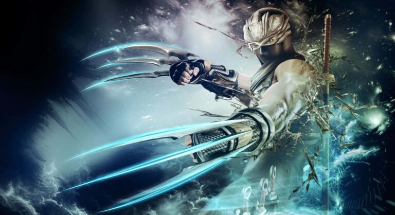 ninja blanco en accion con fondo epico