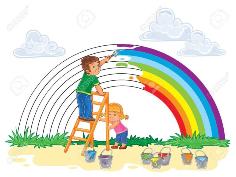 ninos pintando un arco iris colorido