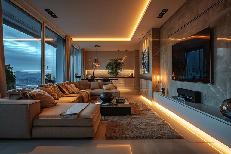 panel de luz led iluminando un interior moderno