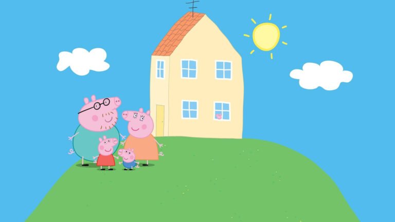 peppa pig con su familia en un paisaje