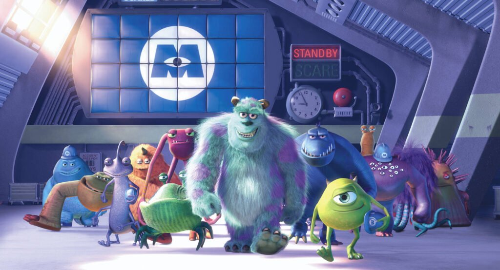 personajes de monster inc en un fondo divertido