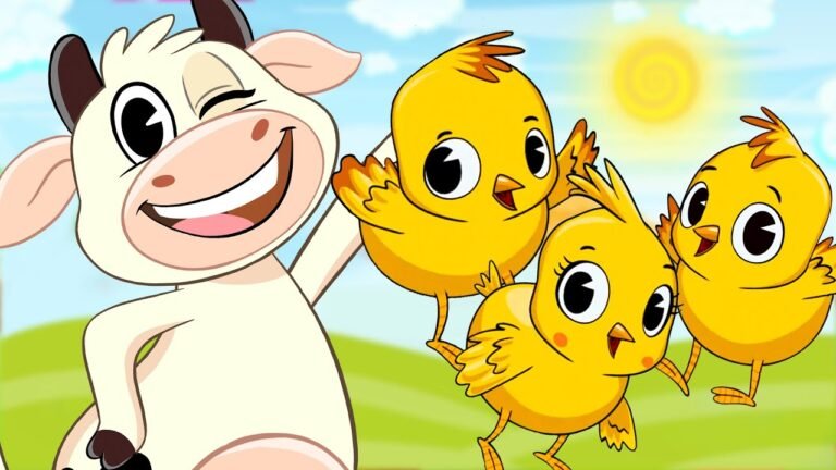 pollitos jugueteando con la vaca lola