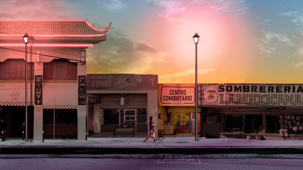 puerta de un hipermercado al atardecer