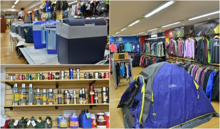 tienda de outdoor con camperas en exhibicion