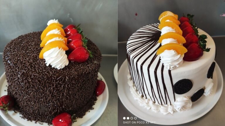 torta decorada con chocolate y frutas