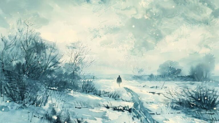 un paisaje nevado con una figura solitaria