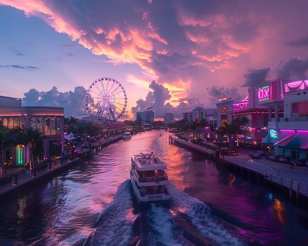 vista panoramica de vice city iluminada