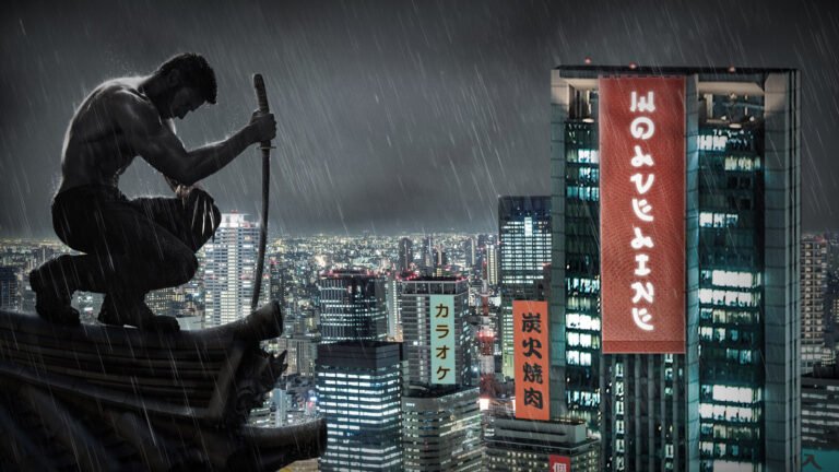 wolverine en accion con fondo de ciudad